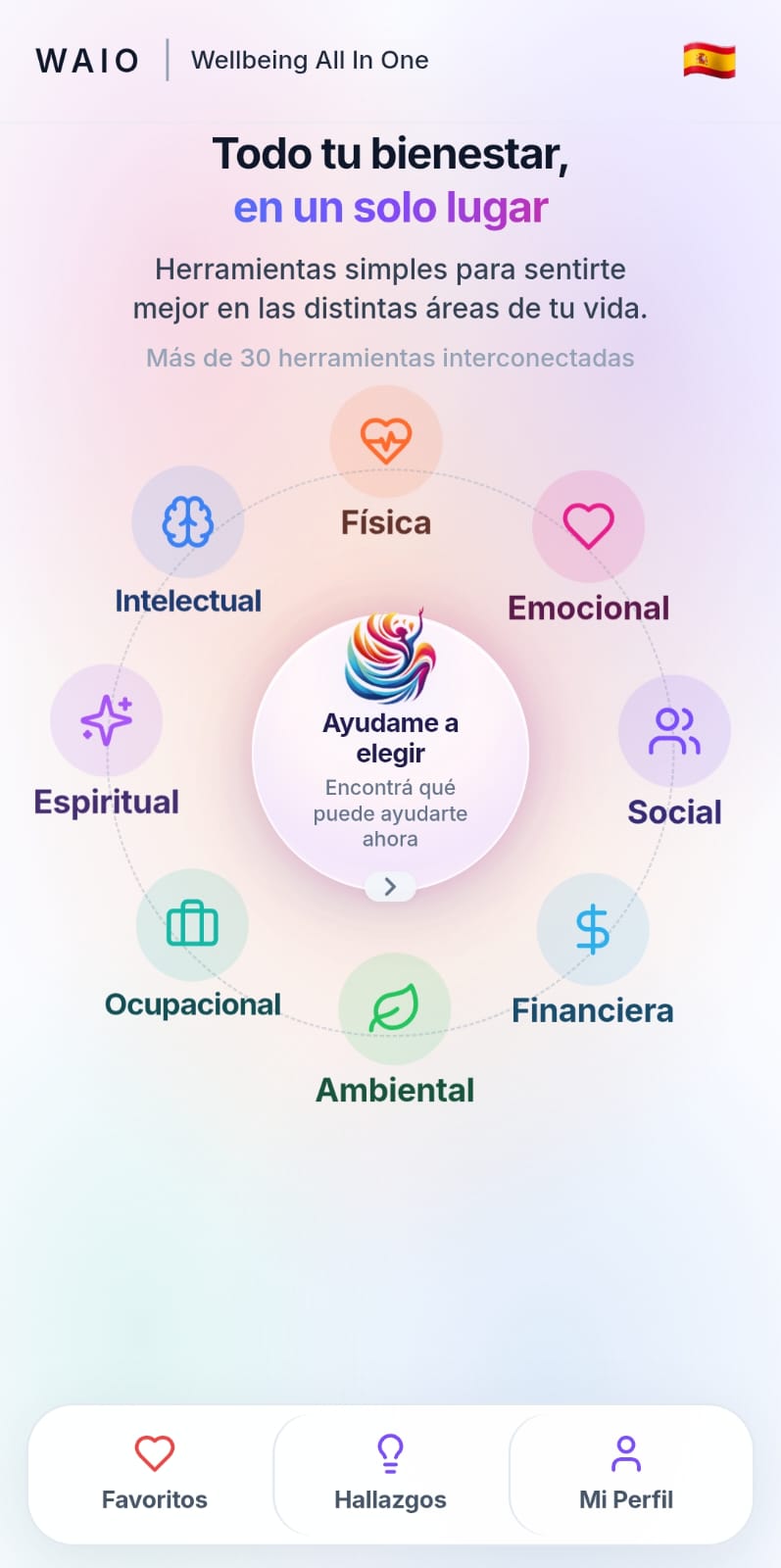 WAIO mobile experience showing eight dimensions of wellbeing, with the central guide